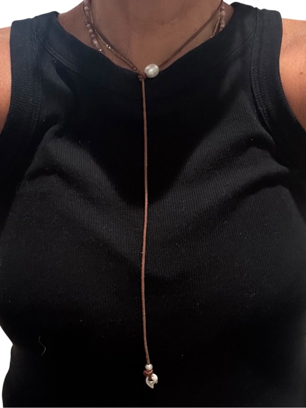 Adjustable Brown Cord Lariat Necklace with Pearl Accent